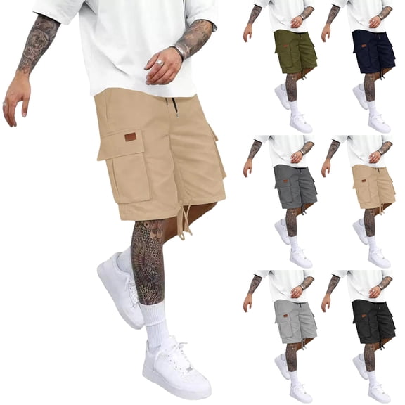 Zimjoy Men's Vintage Cargo Shorts Casual Classic Fit Twill Work Shorts Below Knee Shorts with Elastic Drawstring Adjustable Bottom, Khaki L