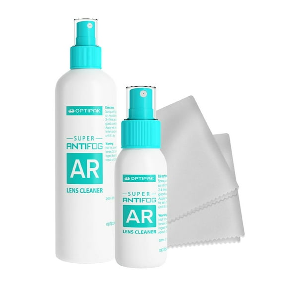 Anti Fog Lens Cleaner Spray Kit | (1x) 8oz and (1x) 1oz Anti Fog Glasses Cleaner Bottle (2x) Microfiber Cloth for Eyeglasses, Sunglasses, Mirror - Eyeglass Defogger Spray Cleaning Kit (4 Piece Set)