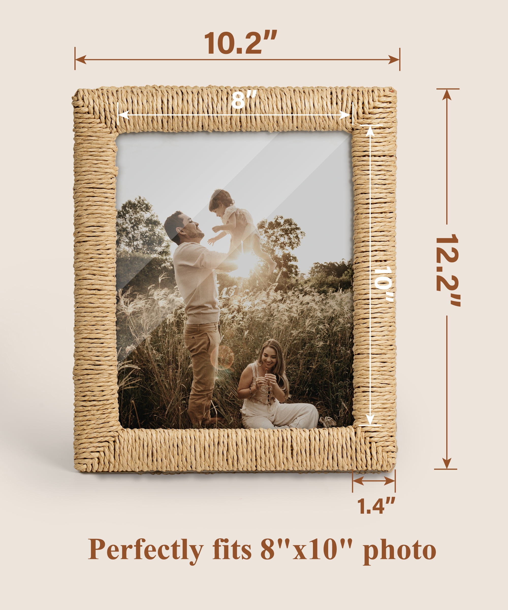 Afuly 8x10 Picture Frame, Boho Picture Frame with Glass and Paper Rope for Wall Hanging or Tabletop Display, Unique Gift for Mom, Grandma, Friends