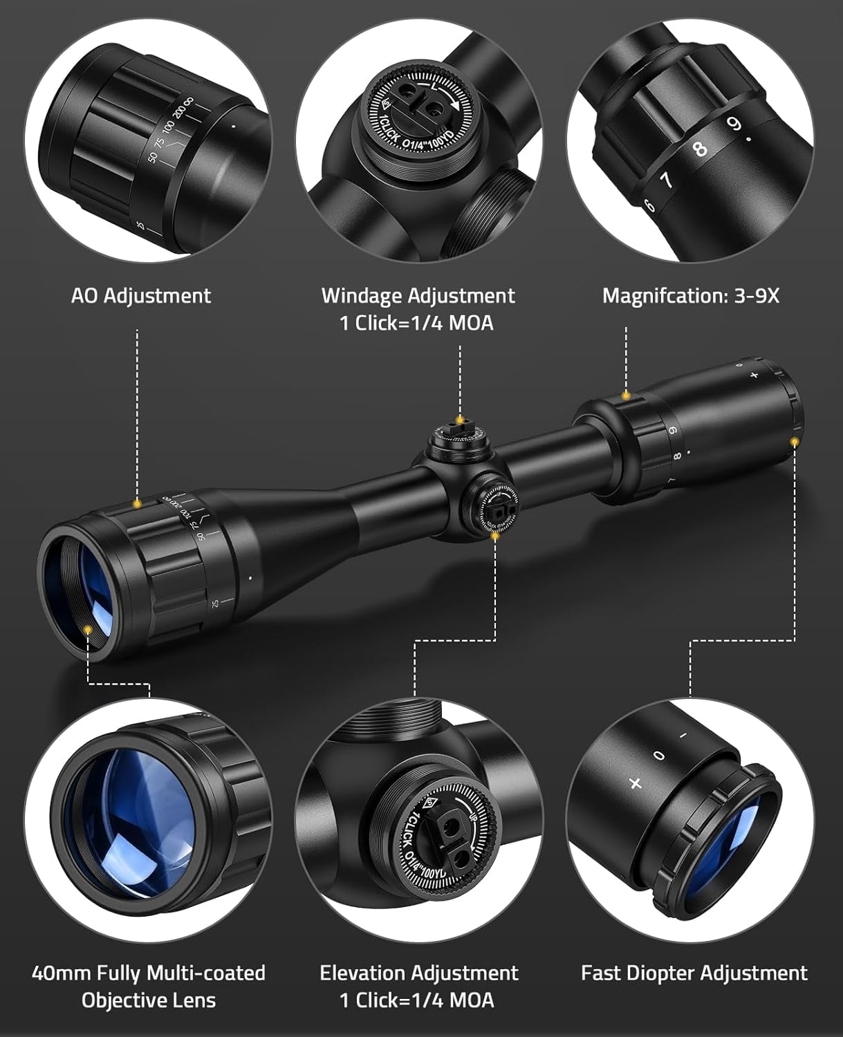 SharpOptics 3-9x40AO Rifle Scope Optics R4 Reticle Crosshair Scope with Mounts