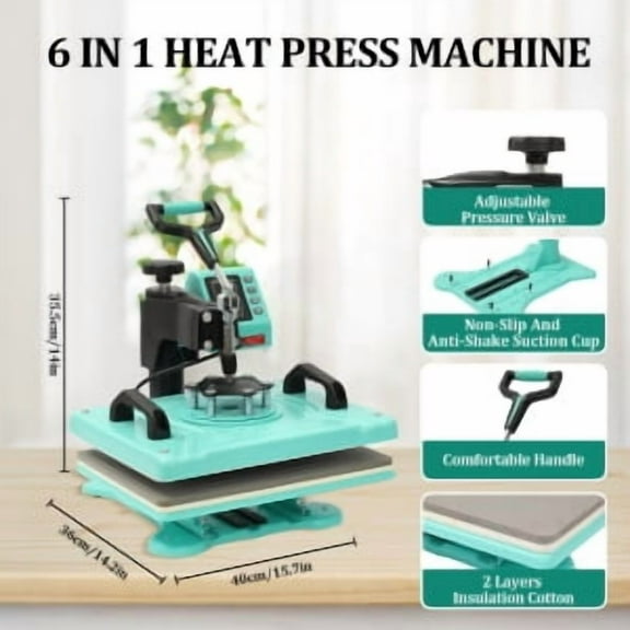 Historyli 6 in 1 Heat Press Machine,12*15 Inch Professional Heat Transfer Press,360° Swing Away Digital Sublimation Machine for T-Shirts,Mugs,Tumblers,Green