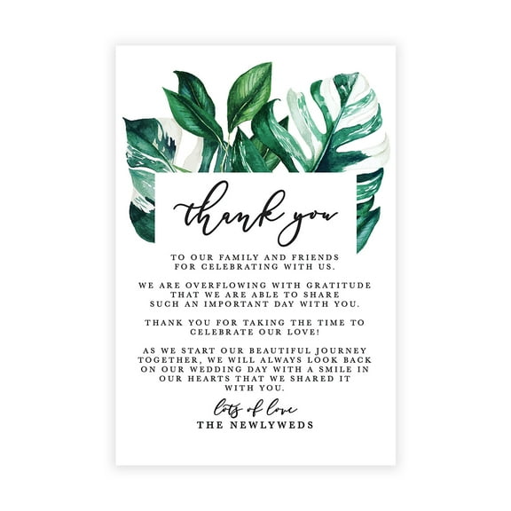 Koyal Wholesale Tropical Monstera Leaves Wedding Thank You Place Setting Cards for Table Reception, 56-Pack