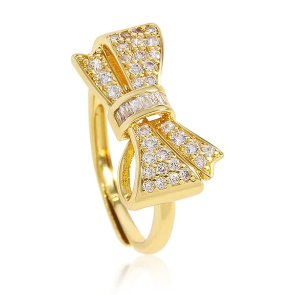Gold Bow Ring Dainty Cubic Zirconia Tie Adjustable Statement Jewelry for Women