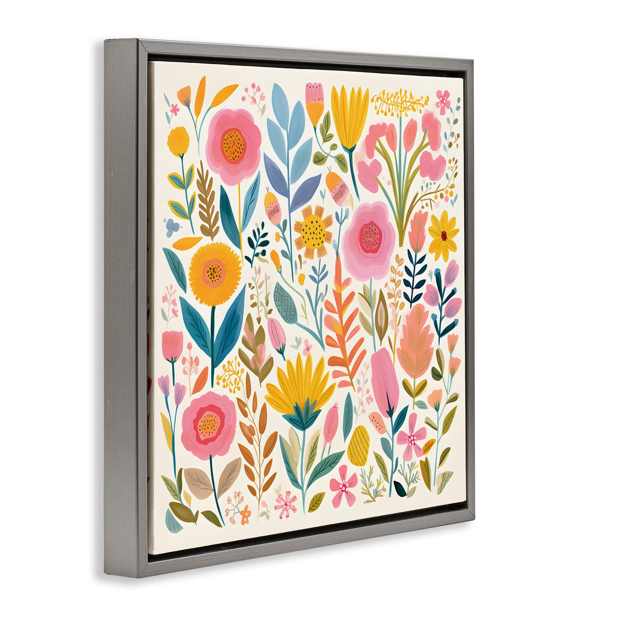 Stupell Industries Cottage Florals Pattern Plants & Flowers Painting Gray Floater Framed Canvas Art Print Wall Art, 25 x 25