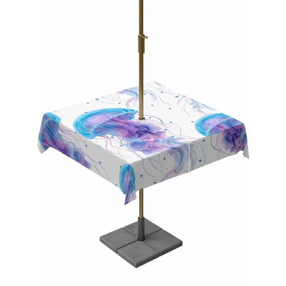 Square Outdoor Tablecloth with Umbrella Hole Blue Jellyfish Table Cloth Waterproof Patio Table Cover Coastal Nautical Purple Underwater Marine Zipper Tablecloths for Picnic Party Camping 60x60 Inch
