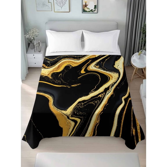 Black Gold Marble Queen Size Flat Sheet, Wrinkleproof & Fadeproof Cooling Flat Bed Sheet Only, Modern Geometric Textured Breathable Soft Bedding Top Sheets 90 x 102 Inches