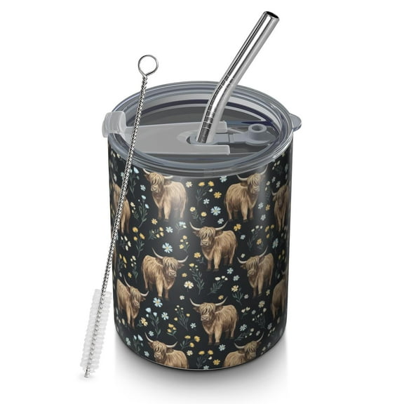 12oz Coffee Tumblers Black Highland Cow Flower Pattern Stainless Steel Vacuum Insulated Travel Tumbler Coffee Cups Mug with Lid and Straw with Cleaning Brush for Cold & Hot Drinks