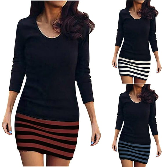 USSUMA Summer Dresses for Women 2025 Women'S Casual Dresses Long Sleeve Crew Neck Casual Printed Pullover Striped Maxi Dress Vintage Dress Fashion Skirts Business Sales Black Dress Size-L