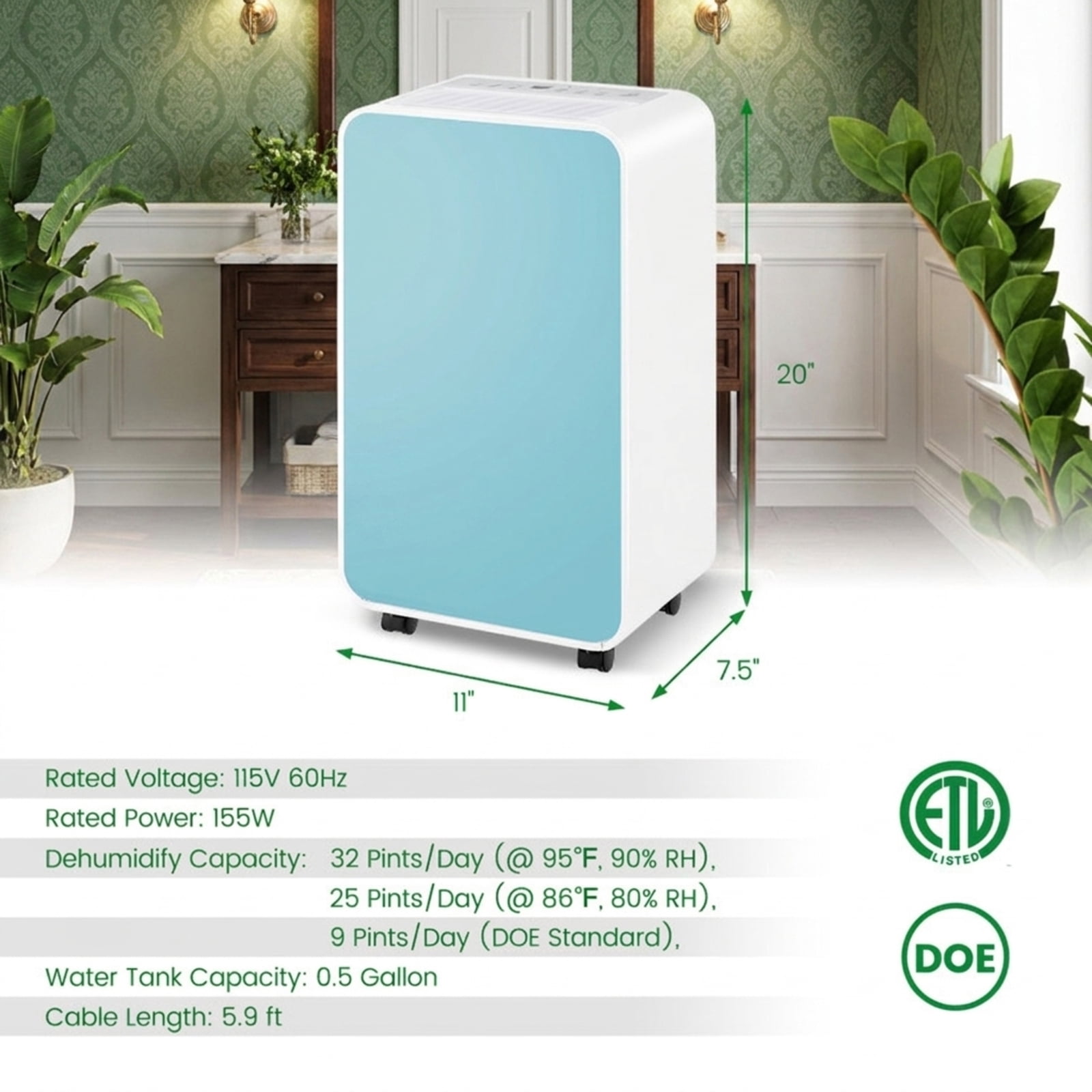 RUIE 32 Pint Dehumidifier for Home Basement Bedroom Bathroom, 2500 Sq Ft Dehumidifier with Drain Hose, 3 Modes, 24H Timer & Sleep Mode, Quiet 33dB Dehumidifier with Wheels, Blue