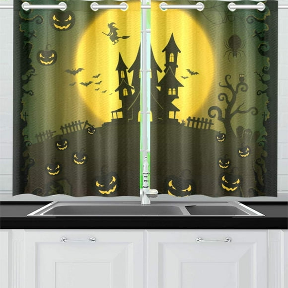 YUSDECOR Scary House Window Curtains Kitchen Curtain Room Bedroom Drapes Curtains 26x39 inch, 2 Piece