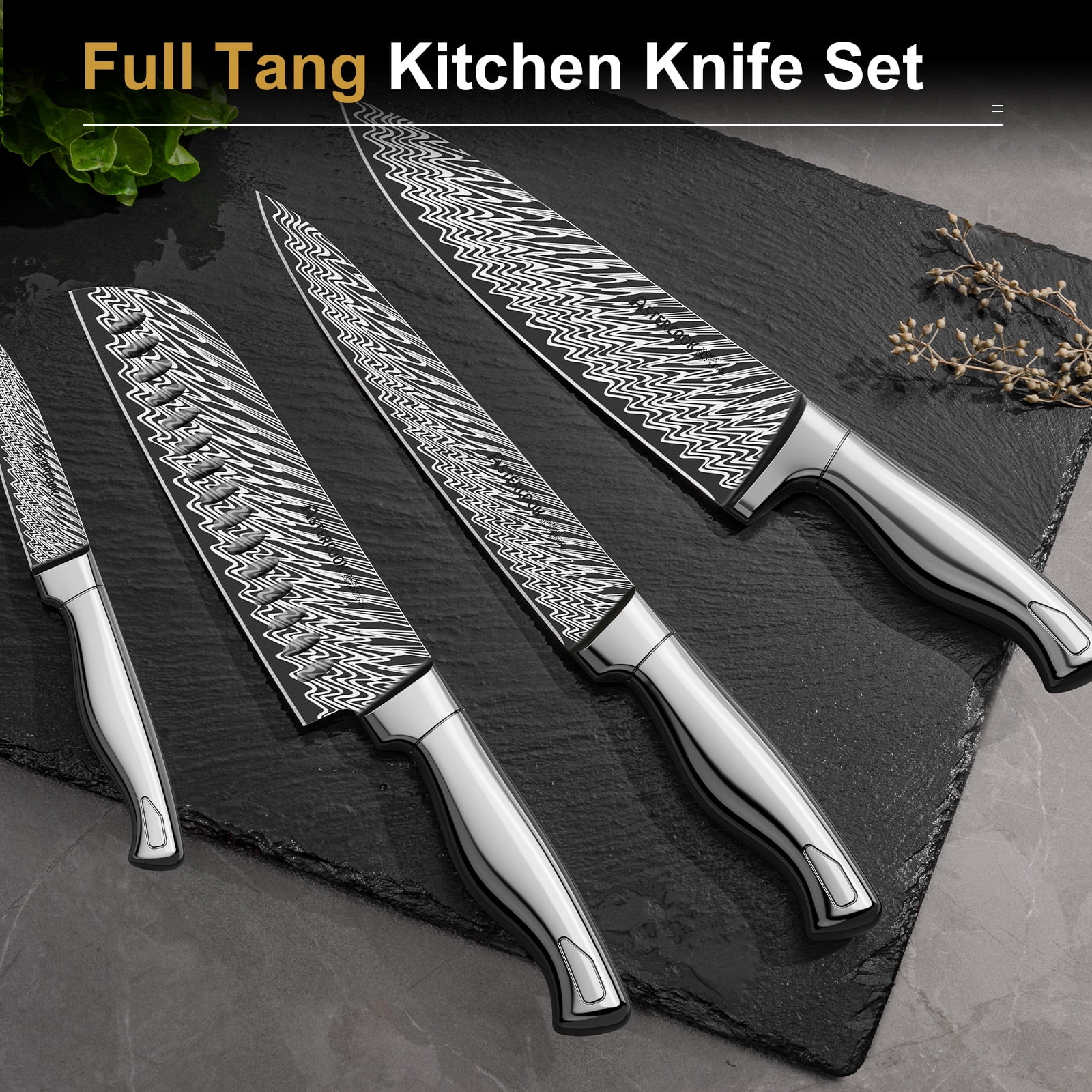 Astercook 14 Piece Kitchen Knife Set with Block and Built-in Sharpener,  Full Tang Knives Sets German Stainless Steel, Dishwasher Safe Silver