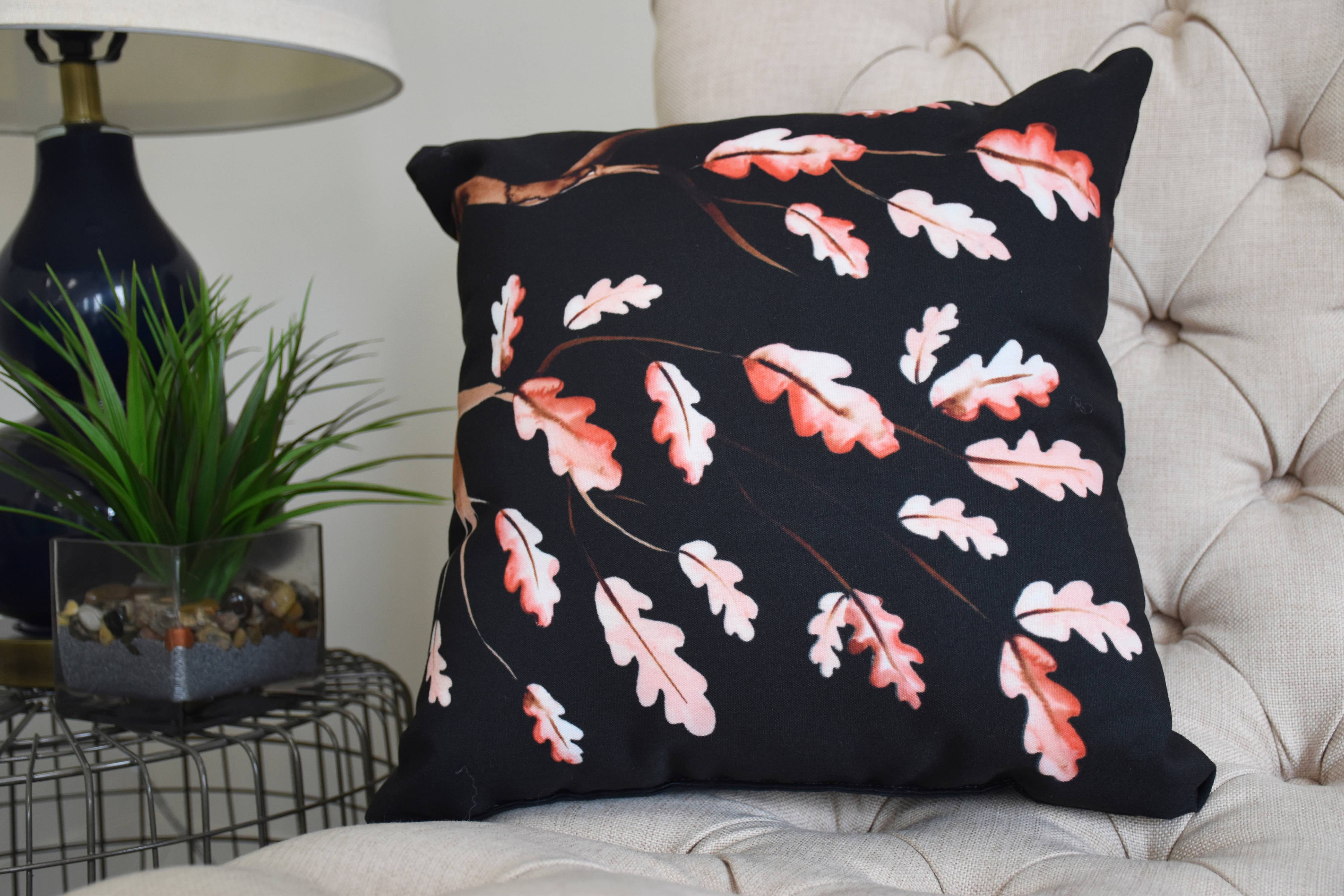 18 Inch Wild Oak Branch Black Floral Print Decorative Throw Pillow