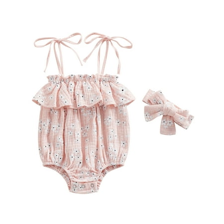 

Wallarenear Baby Girls Summer Casual Sling Romper Ruffle Floral Playsuit with Headband