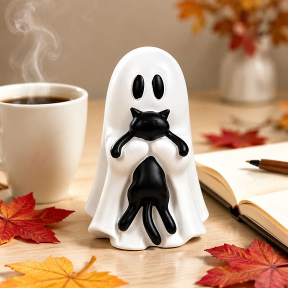 Spooky Home Decor Halloween, Black Cat Decor, Cute Ghost Figurine, Halloween Table Decorations, Indoor Party Shelf Decorative Ghost Cat Statue
