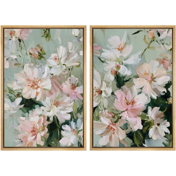 Framed Canvas Print Wall Art Set of 2 Pastel Blossom Floral Botanical Modern Art for Living Room, Bedroom, Office - 16"x24"x2 NATURAL