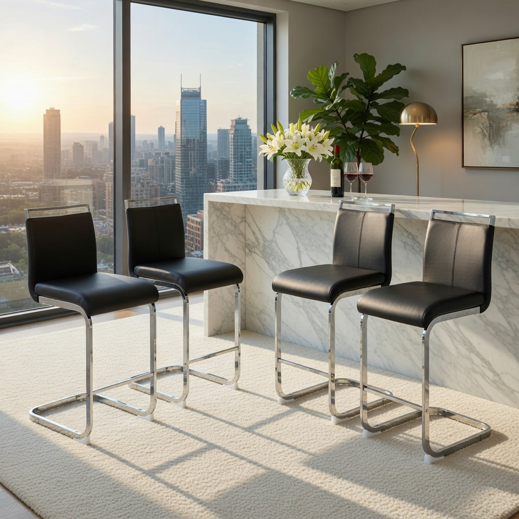 Hommoo Modern PU Leather Bar Stools Set of 6, Chrome C-Tube Metal Legs, Water-Resistant Upholstery, Easy Assembly for Kitchen, Home Bar, Restaurant & Terrace, Black