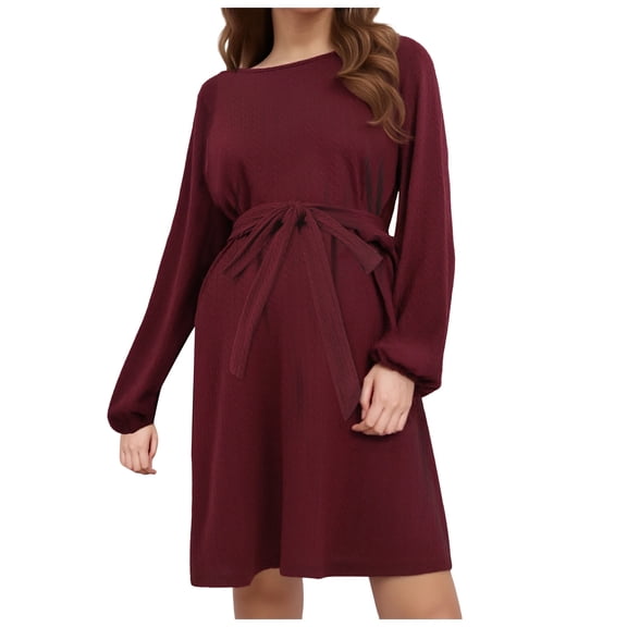 Lispipm Maternity Sweater Dress for Women Rib Knit Long Puffy Sleeve Pregnancy Dresses Crewneck Loose Pregnant Clothes With Belt Red XXL