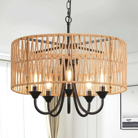 

Rattan Chandelier Light Fixtures 19.6 Hand-Woven Pendant Light with Wicker Shade 5-Light Farmhouse Drum Chandelier Hanging Light Fixture for Dining Room Living Room Kitchen Island