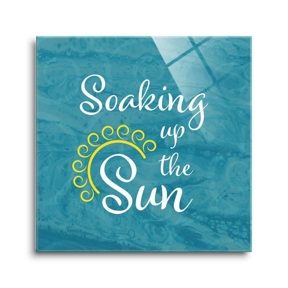 Soaking Up Sun Aqua Swirl Yellow Waves 8 x 8 Glass Wall Hanging Sign