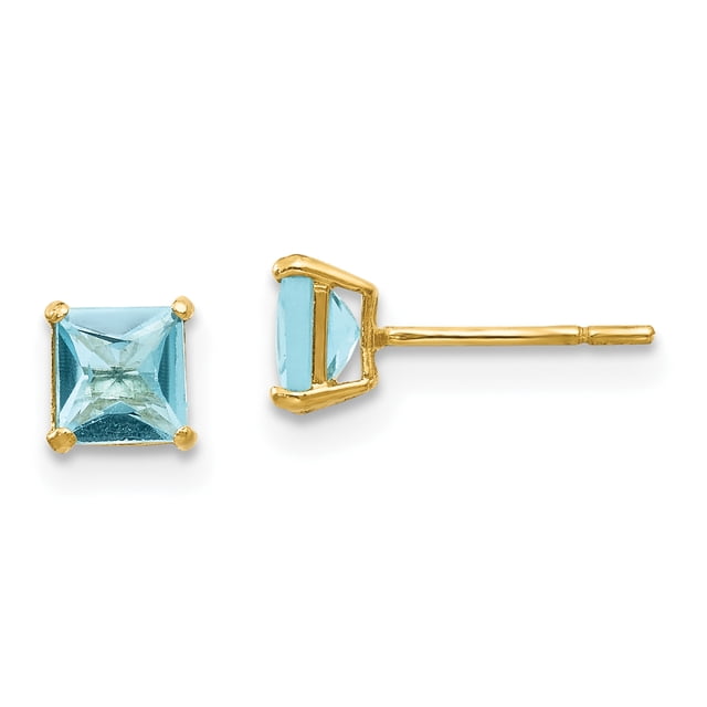 14k Yellow Gold Blue Topaz 4mm Square Earrings Stud Gemstone