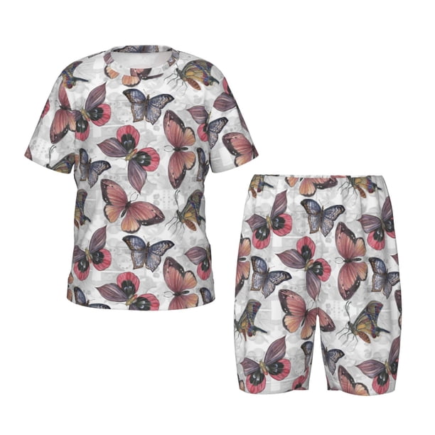 Balery Vintage Butterflies Conjunto de Pijama Infantil de Manga Corta con Estampado – Ropa de Dormir de Algodón Suave-Medium