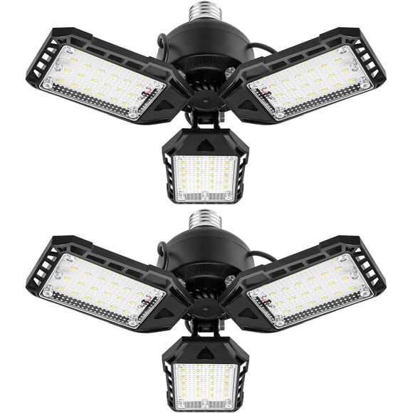 LED Garage Lights Bulb-2 Pack Led Shop Light with 3 Deformable Panels, Basement Barn Light Garage Ceiling Lights, E26/E27 for Garage, Warehouse, Shop, Basement