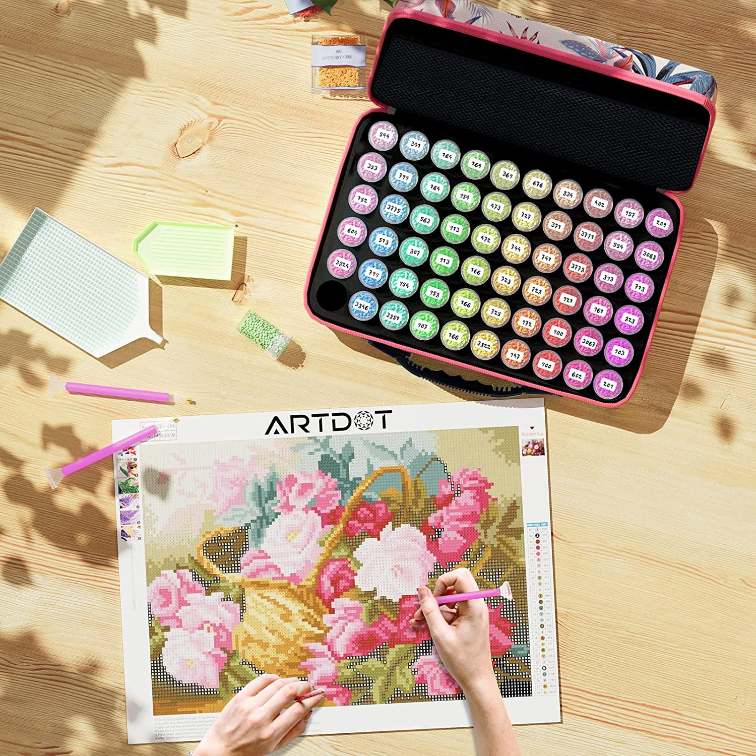 ARTDOT 60 Slot Medium Diamond Painting Bead Storage Organizer, Plastic Container Case for Crafts and Drill Supplies （Pink Case）