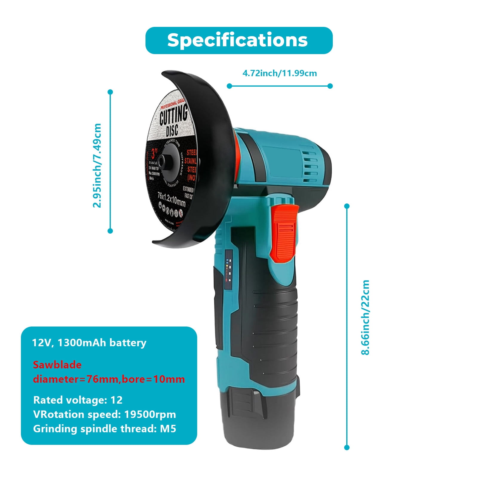 YUIECHER Mini Cordless Angle Grinder, 12V Brushless Handheld Electric Grinder with 4 Grinding Wheels and Charger