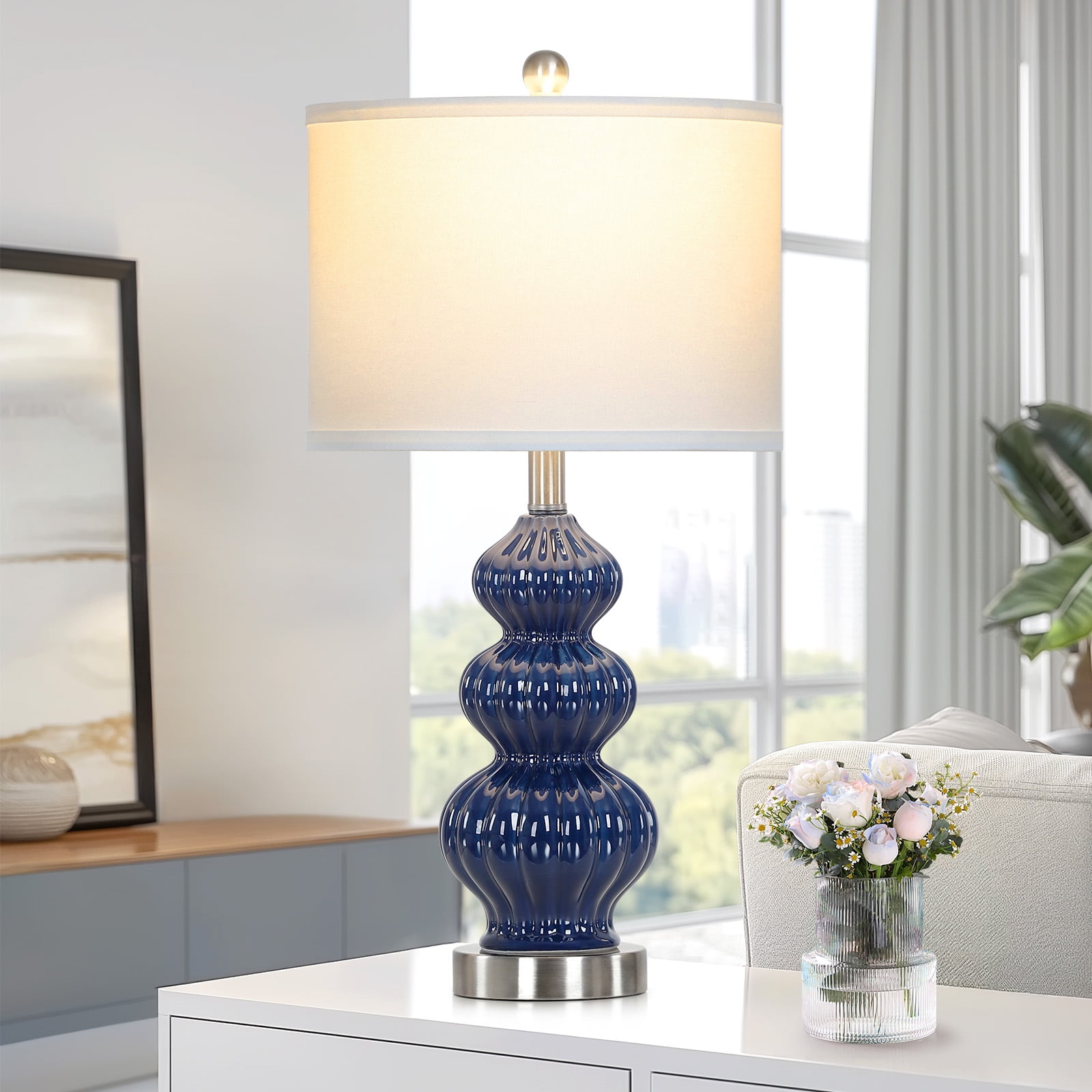 Cinkeda Triple Gourd Ceramic Table Lamps Set of 2 with USB A+C Ports & AC Outlet, Modern Blue, 2-Step Rotary Switch, 25.5" Height