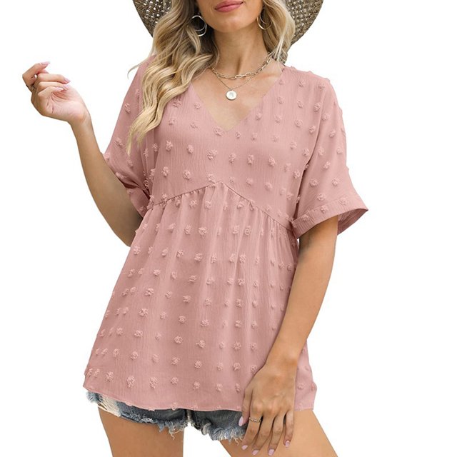 Top plisado con cuello en V para mujer, blusa plisada con cuello en V suave y transpirable a la moda, cómoda para la piel, rosa, XXL