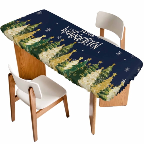 Navy Blue Christmas Table Cloths for 8 Foot Rectangle Tables, Xmas Tree Snowflakes Winter Patio Waterproof Elastic Fitted Tablecloths, Washable Rectangular Table Cover for Camping