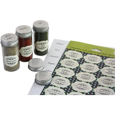 Royal Green - 2 Sets of Pre-Printed Spices Stickers for jar container and lids plus blank labels ...