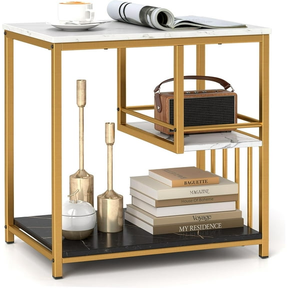 Side Table with Storage, 3-Tier End Table with Golden Polished Steel Frame Sofa Couch Table for Living Room, Modern Nightstand for Bedroom, Easy Assembly, Marble & Golden