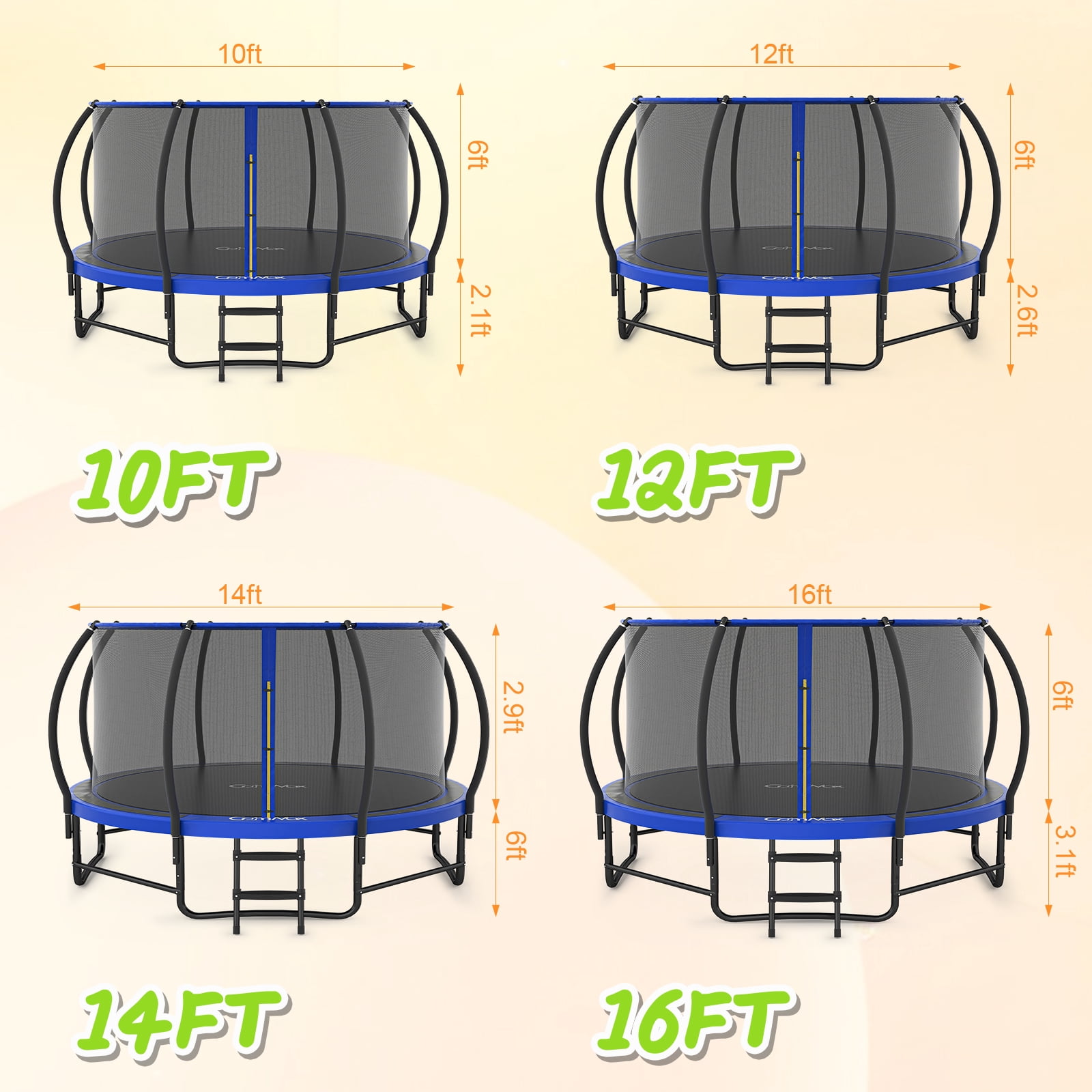CalmMax 12FT Trampoline with Safety Enclosure & Weather Cover – ASTM Certified, Heavy-Duty Outdoor Trampoline with Ladder – for Kids & Adults, Blue