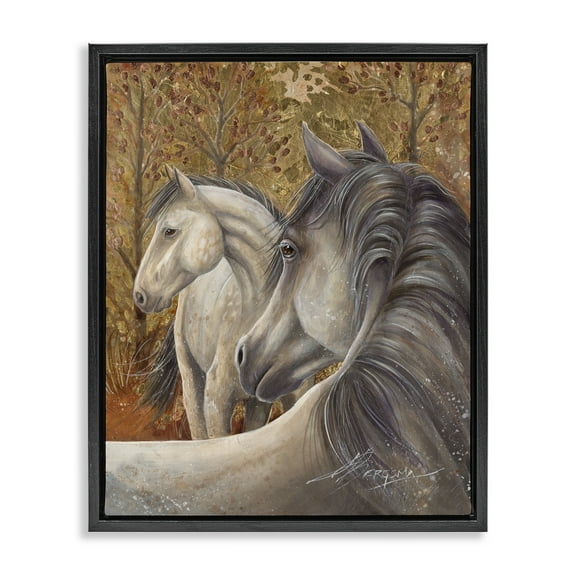 Stupell Industries Horses in Autumnal Forest Animals Painting Black Floater Framed Canvas Art Print Wall Art, 17 x 21
