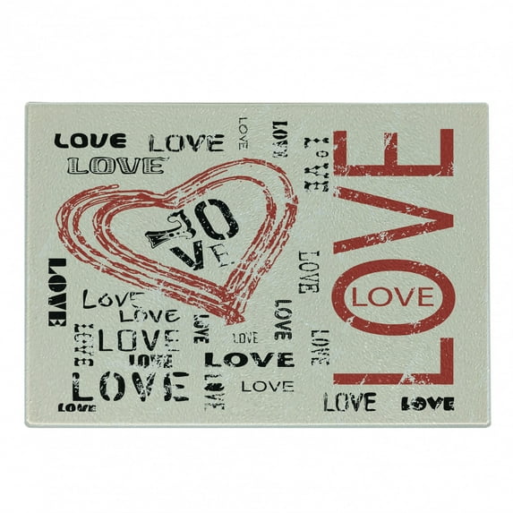 Love Cutting Board, Vintage Love Lettering with Abstract Backdrop Celebration Emotions, Decorative Tempered Glass Cutting and Serving Board, Small Size, Beige Vermilion Black, by Ambesonne