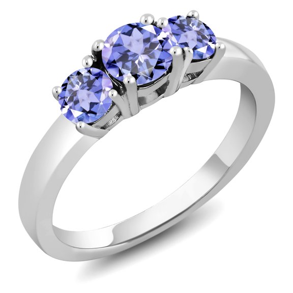 Gem Stone King 1.06 Cttw Blue Tanzanite 3-Stone Engagement Ring for Women | 925 Silver | Round 5MM and 4MM | Gemstone Birthstone | Three Stone Wedding Engagement Anniversary Promise Ring | Size 5