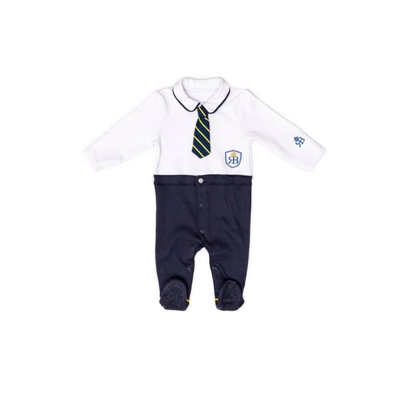 RB Royal Baby Organic Cotton Gloved-Sleeve Footed Overall, Footie (Little Man) White Navy - 0-3 Month