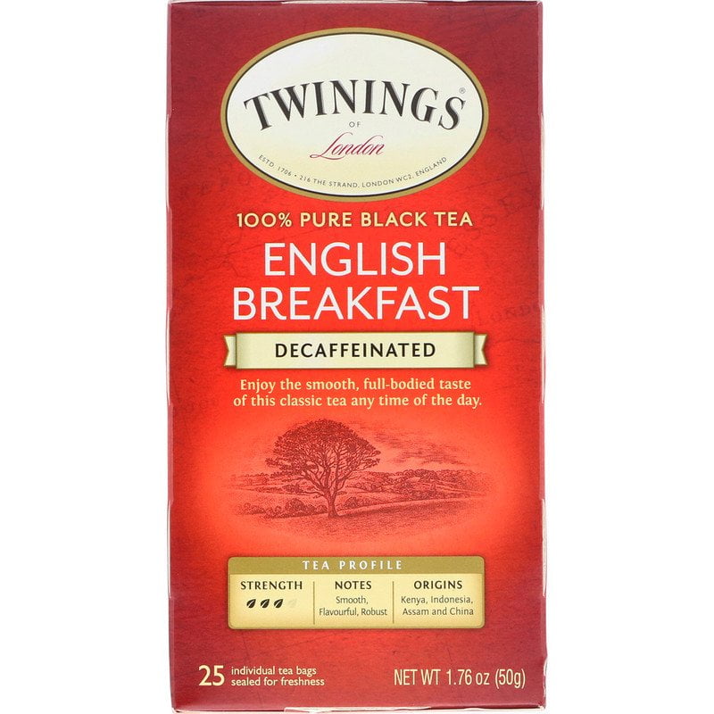 Twinings, 100% Pure Black Tea, English Breakfast, Decaffeinated, 25 Tea Bags, 1.76 oz