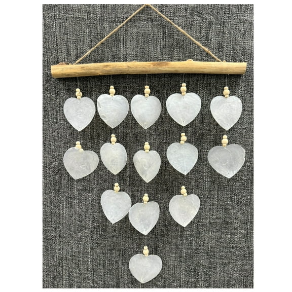 Heart Windchime - XL White Capiz Shell Driftwood Wood Bead Wind Chime Outdoor Garden Patio Decor Gift 24”