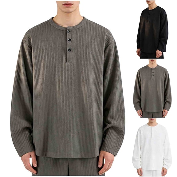 RongHuan Big and Tall Henley Shirt for Men Long Sleeve Pullover Tops Button Up T Shirt Solid Color Outfits