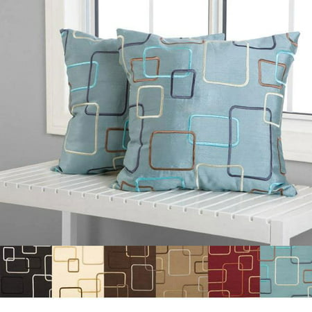 OSK-Madison Square 18-inch Decorative Pillows (Set of 2)BabyBlue BabyBlueBrighten your living room couch with the retro geometric patterns of these two square decorative pillows in your choice of shades. Crafted from durable polyester fabric with dense polyester fill  this set features crisp knife edging that offers a modern look. The pillows are also just the right size for extra back support.Set includes: Two throw pillowsColor options: Black  champagne  chocolate  latte  merlot  spaEdging: Knife edgeDimensions: 18 inches wide x 18 inches longCover: 100-percent polyesterFill: 100-percent polyesterCare instructions: Dry clean Modern & ContemporaryBrighten your living room couch with the retro geometric patterns of these two square decorative pillows in your choice of shades. Crafted from durable polyester fabric with dense polyester fill  this set features crisp knife edging that offers a modern look. The pillows are also just the right size for extra back support.Set includes: Two throw pillowsColor options: Black  champagne  chocolate  latte  merlot  spaEdging: Knife edgeDimensions: 18 inches wide x 18 inches longCover: 100-percent polyesterFill: 100-percent polyesterCare instructions: Dry clean