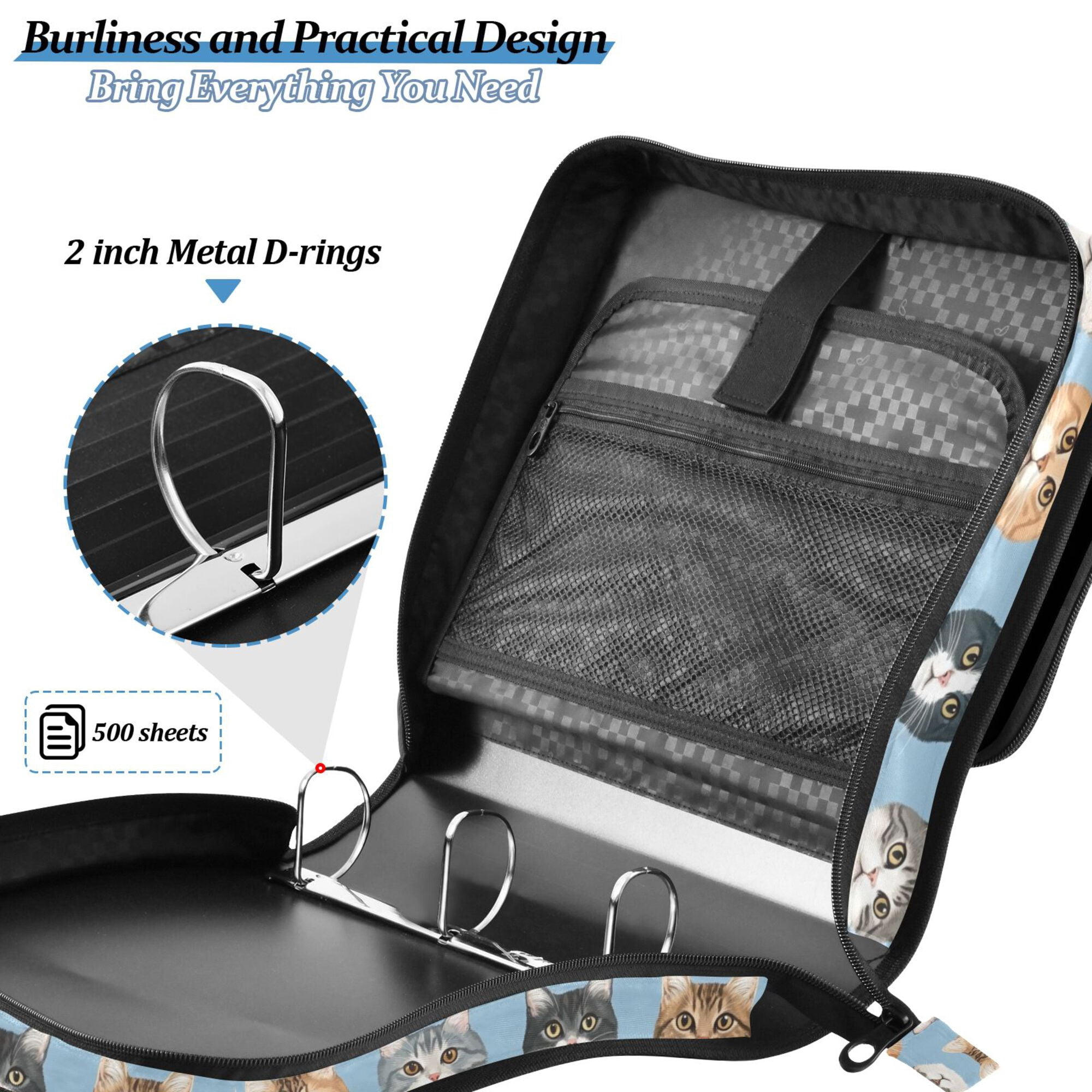 FORMRS Zipper Binder with Shoulder Strap 2-inch Ring 500 Sheet Capacity File Bag, Vibrant Cute Cat