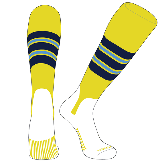 Pear Sox Elite Baseball Knee High Stirrup Socks (F, 5in) Bright Yellow, Navy, Sky Blue (L)