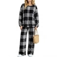 thumbnail image 5 of Two Piece Plaid Set for Women Long Sleeve Crew Neck Tops Wide Leg Pants Fall Winter Thicken Warm Soft Lounge Home Wear (XL, Dark Gray), 5 of 7