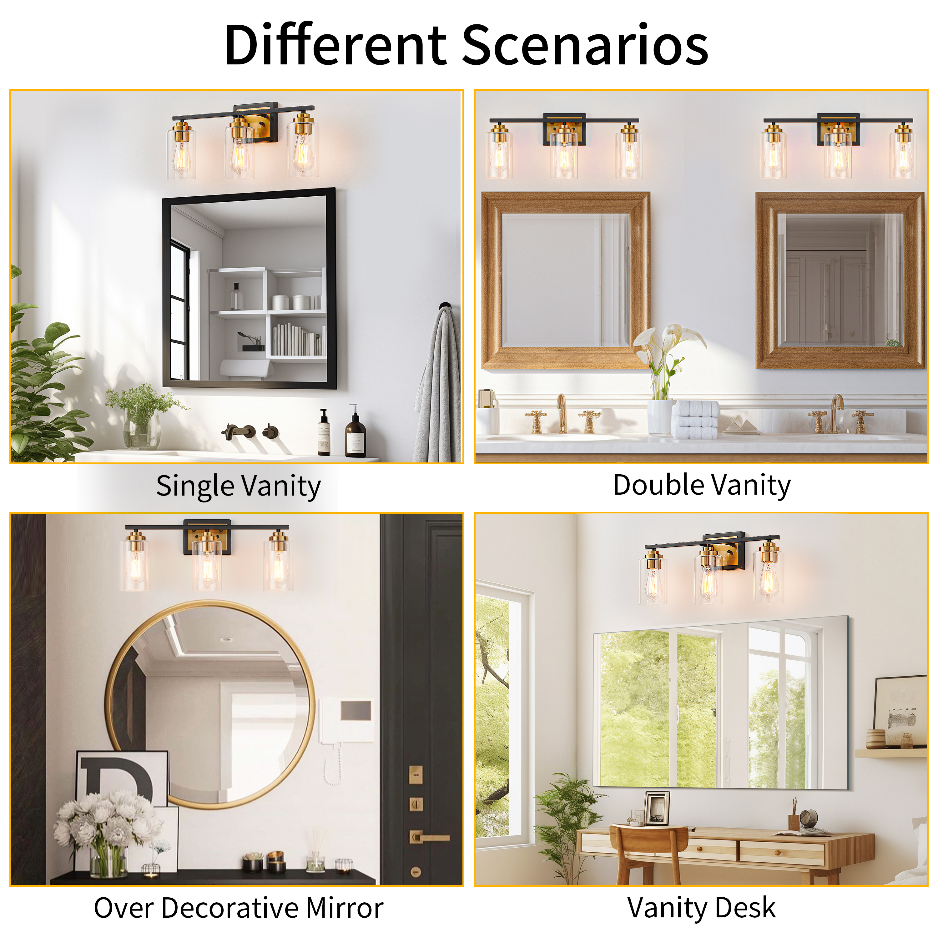 KAWOTI 22" 3-Light Black & Brass Vanity Light with Clear Glass Shade for Bathroom, Wall Mount Vanity Mirror Lighting