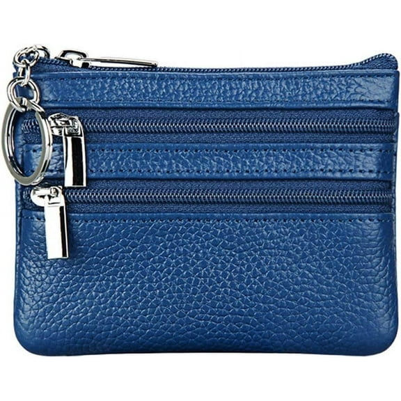 Women's Leather Small Coin Purse with 3 Zipper Pockets, Mini Pouch Loose Change Wallet Card Holder Case with Keychain