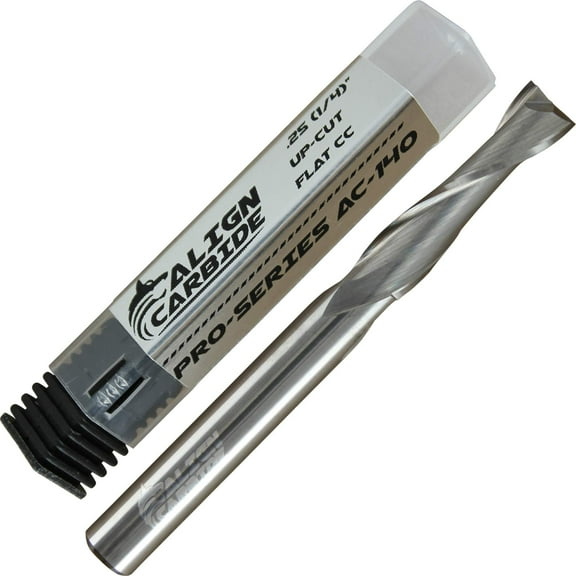 UP CUT Router Bit, 1/4 Cutting Diameter, 1/4 Inch Shank, Premium Solid Micro Grain Carbide, Spiral Plunge, 2 Flute, Flat Cutting Face, CNC Router Pro-Series Item AC-140.