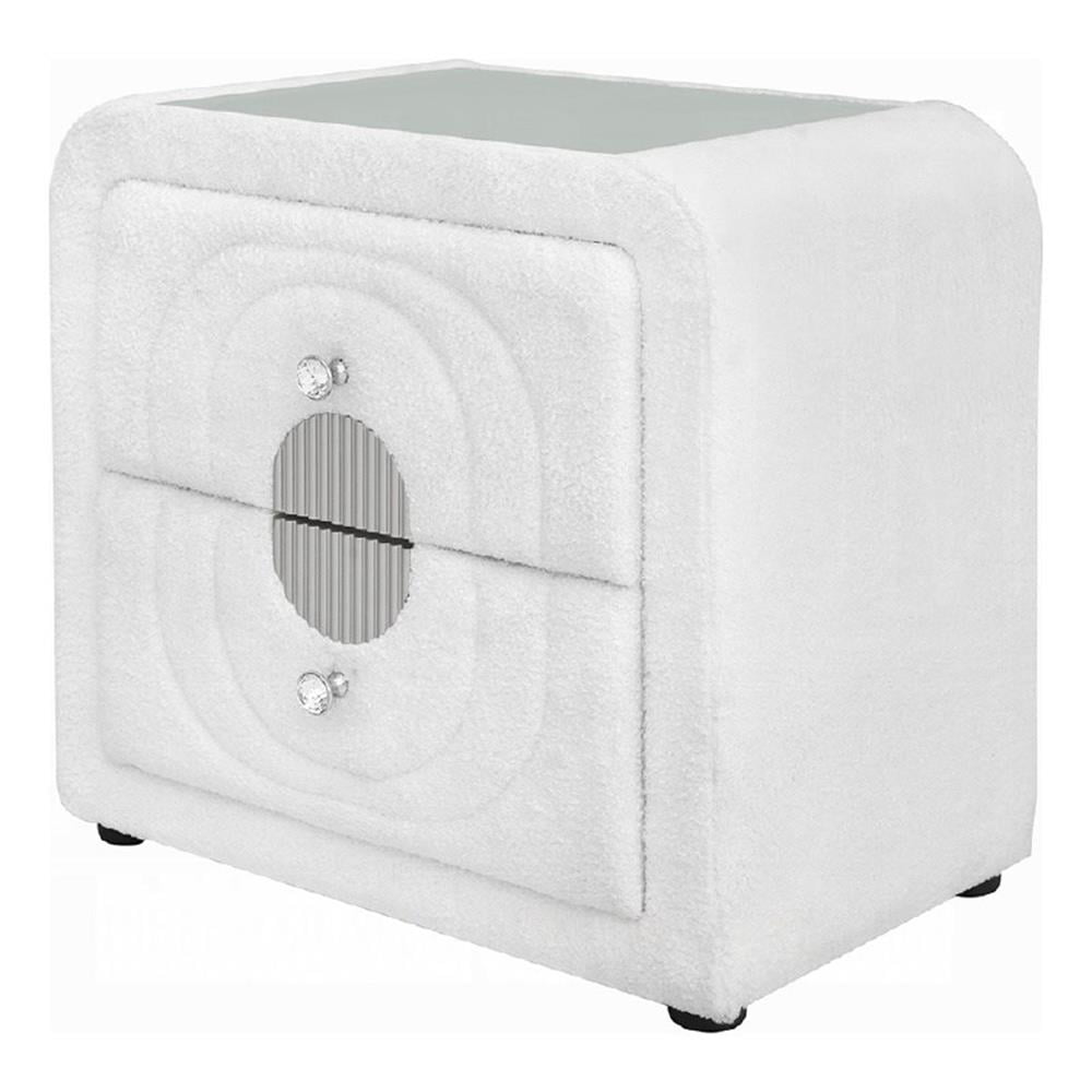 Kery Glass Top Nightstand- 2 Drawers- White Teddy Sherpa Upholstery