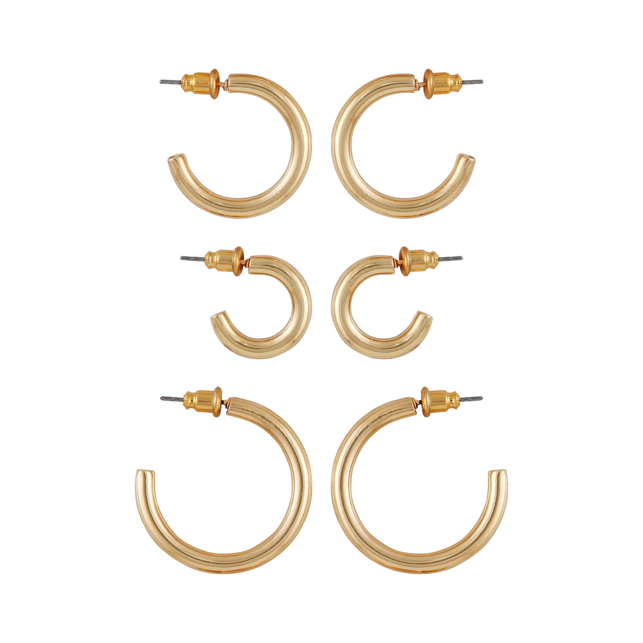 Time and Tru Women's Graduated Metal Trio Hoop Earring Set in Imitation Gold Plating.